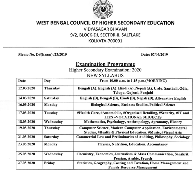 West Bengal HS Routine 2020 WBCHSE 12th Time Table पश्चिम बंगाल एचएस ...